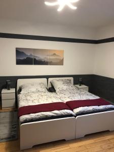 - un lit dans une chambre avec 2 photos sur le mur dans l'établissement Ferienwohnung Am Schaumberg, à Tholey