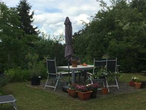 een tafel en stoelen met een paraplu en potplanten bij Ferienwohnung Am Schaumberg in Tholey