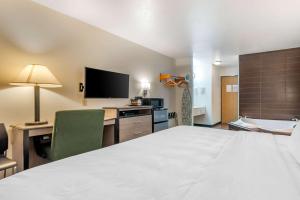 a hotel room with a bed and a desk and a television at Econo Lodge Pueblo North in Pueblo +20 photos