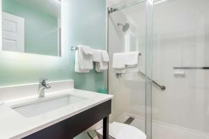a bathroom with a sink and a shower at Quality Inn & Suites in Lincoln