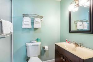 a bathroom with a toilet and a sink and a mirror at Quality Inn & Suites in Lincoln