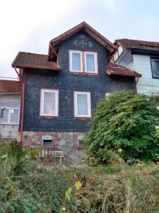 une maison bleue avec un toit brun dans l'établissement vakantiehuis Julia, à Bad Sachsa
