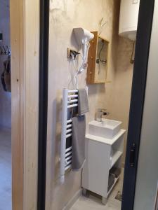 a bathroom with a sink and a mirror at Imperator Kvintil apartmani & SPA in Ležimir +49 photos