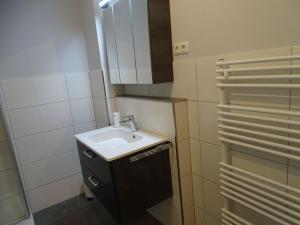 a bathroom with a sink and a mirror at Wunderschöne Ferienwohnung ´Mal seh´n`direkt am Nordseedeich in Friedrichskoog-Spitz +23 photos