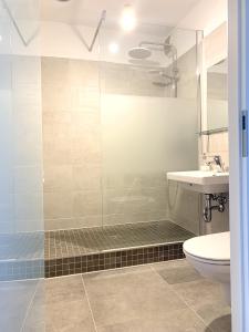 ein Bad mit einer Dusche, einem WC und einem Waschbecken in der Unterkunft Apartment Anna in Chemnitz