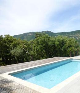 una piscina con una montaña en el fondo en Gîte moderne en Drôme en Roche-Saint-Secret