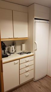  La cuisine est équipée de placards blancs et d'un réfrigérateur. dans l'établissement Nat, asunto lähellä kaikkea, à Kemijärvi