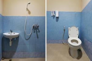 two pictures of a bathroom with a toilet and a sink at RedDoorz near Pasar Klandasan Balikpapan in Balikpapan