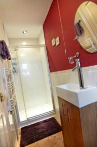 a bathroom with a shower and a sink and a mirror at Wayside B&B in Norwich