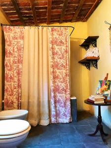 een badkamer met een toilet en een douchegordijn bij Centro Ecuestre Frasco Chico in Lobos