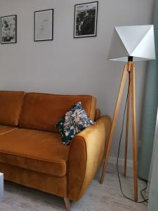 brązowa skórzana kanapa obok lampy podłogowej w obiekcie Przytulny apartament w centrum Kupiecka-Drzewna w Zielonej Górze