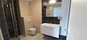 a bathroom with a sink and a toilet and a mirror at Vaste appartement 3 chambres - Vue exceptionnelle in Chorges