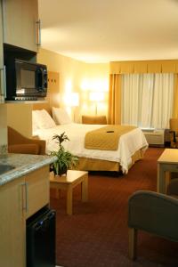 a hotel room with a large bed and a kitchen at Holiday Inn Express Saltillo Zona Aeropuerto, an IHG Hotel in Saltillo