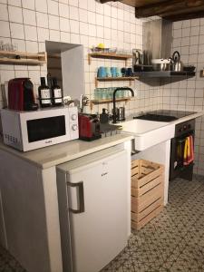 eine Küche mit einer Mikrowelle und einer Arbeitsplatte in der Unterkunft Azeite de Marvão, Olivoturismo casa Venda do Lagar in Marvão