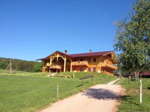 een groot houten huis bovenop een veld bij Penzion Kalvárie in Dolní Radechová