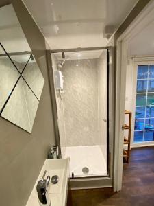 a bathroom with a shower and a sink at Apple tree hut, in a private garden in Skipton +17 photos