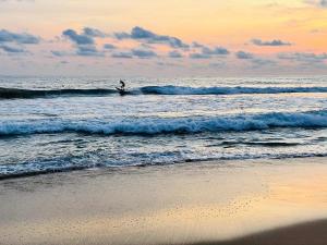 a person riding a wave on a surfboard in the ocean at Hikkaduwa backyard beach homestay in Galle