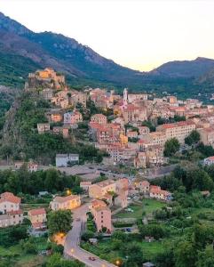 une petite ville avec des bâtiments sur une colline dans l'établissement charmant studio dans résidence neuve et calme, à Corte