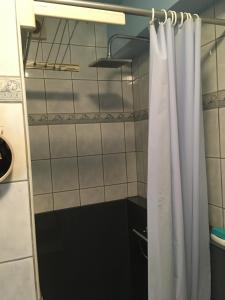 a bathroom with a shower curtain in a room at Knus appartement met zijdelings zeezicht in Ostend