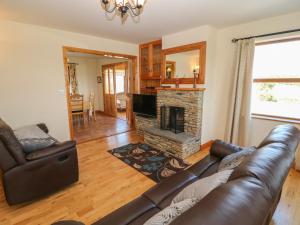 a living room with a leather couch and a fireplace at Dooneen in Skibbereen