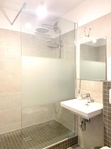 a bathroom with a sink and a shower at Apartment Anna in Chemnitz