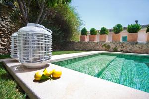 a bird cage and some fruit next to a swimming pool at Ca Sa Doctora in El Port de la Selva