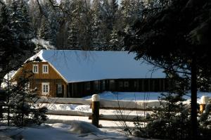 a house covered in snow with a fence at Miškiniškės in Ažvinčiai
