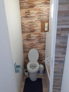 ル・クロトワにあるgite le petit marinの木製の壁のバスルーム(トイレ付)