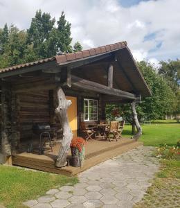 a log cabin with a porch and a grill at Arina Cottages in Nasva