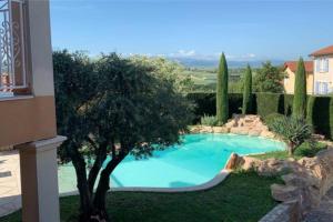 a swimming pool with a tree in a yard at Villa des Oliviers avec piscine in Chassagny