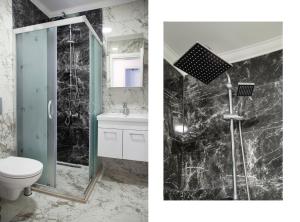 a bathroom with a toilet and a glass shower at Dadya Villa 1 - Villa with private pool - 750m distance to the beach in Datca +26 photos