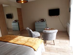 1 dormitorio con 1 cama, 2 sillas y TV en Le Clos de l'Abré, en Gatteville-le-Phare
