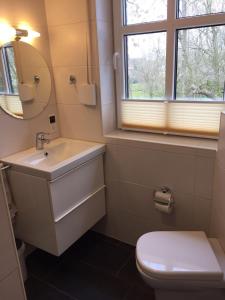 a bathroom with a sink and a toilet and a mirror at Huus-Windroos in Ditzum