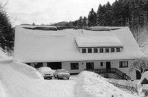 a snow covered house with cars parked in front of it at Hinterkimmighof-2 in Oberharmersbach