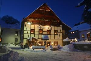 un grand bâtiment avec de la neige la nuit dans l'établissement Apartment-in-Wiesa, à Thermalbad Wiesenbad