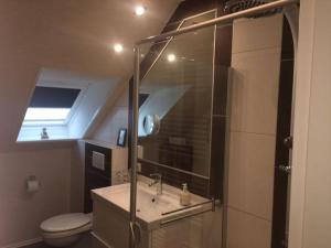 a bathroom with a shower and a sink and a toilet at Haus-Encore-Wohnung-4 in Büsum
