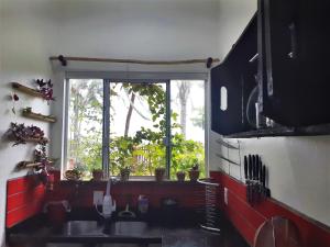 Una cocina con dos fregaderos y una ventana. en Estaleiro das Artes., en Florianópolis