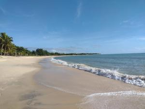 a beach with the ocean and palm trees at Casa de Praia Caminho das Indias in Coroa Vermelha