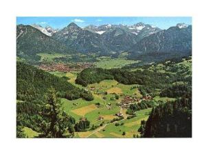 uma vista aérea de uma aldeia num vale com montanhas em Haus-Alphorn-Wohnung-15 em Oberstdorf