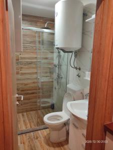 a bathroom with a toilet and a shower and a sink at Jahorina apartman Košuta D5 in Jahorina