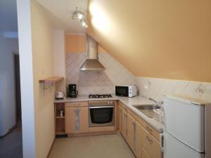 a small kitchen with a stove and a sink at Apartment Korošec Matej in Bohinj