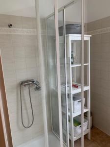 a shower with a glass door in a bathroom at Dachstein Mountainview Gosau in Gosau