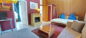 a living room with a bed and a fireplace at Haus André by FiS - Fun in Styria in Bad Mitterndorf