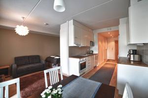 a kitchen and living room with a table and a couch at JK Apartment Jannela in Lapua