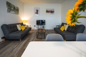 a living room with two couches and a tv at Private, Detached Annex with On-Street Parking in Cardiff