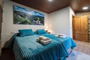- une chambre avec un lit bleu et des serviettes dans l'établissement Casa Pion, à Sober