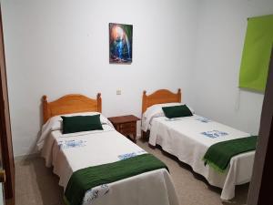 Habitación con 2 camas y una foto en la pared. en Hostal san luis, en San Luis de Sabinillas