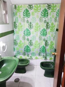 baño con 2 aseos verdes y cortina de ducha en Hostal san luis en San Luis de Sabinillas