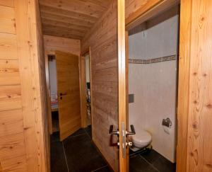 a bathroom with a toilet in a wooden room at Les Crosets Apartment Miroi 23, Val d'Illiez in Les Crosets +22 photos