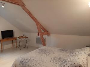 a bedroom with a bed and a tv in a attic at Ferme des capucines 